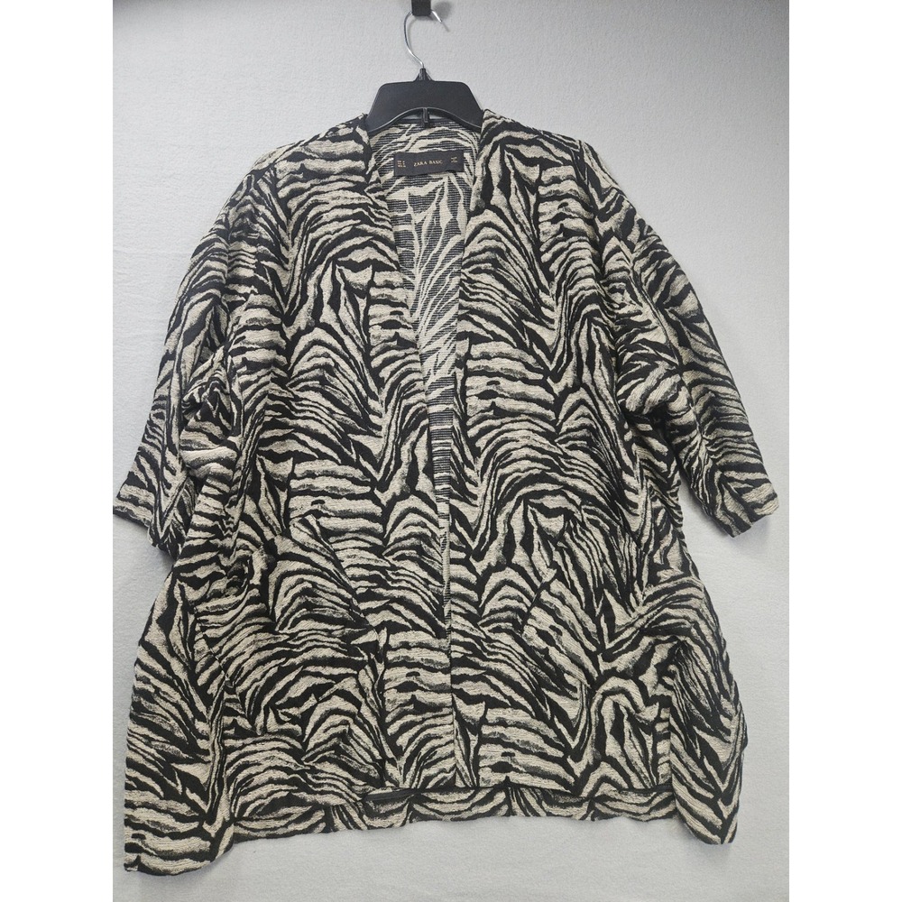 Zara Basic Zebra Print Open Front W Cardigan Jacket Black Cream Spain Womens M